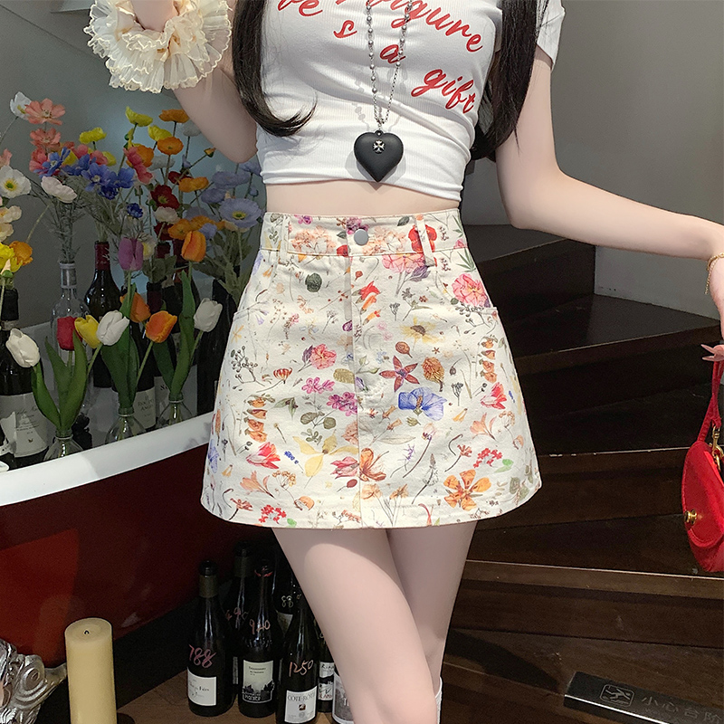 FA27418# 美式复古花朵牛仔短裙夏季新款ins辣妹纯欲风A字半身裙 服裝批發女裝批發服飾貨源
