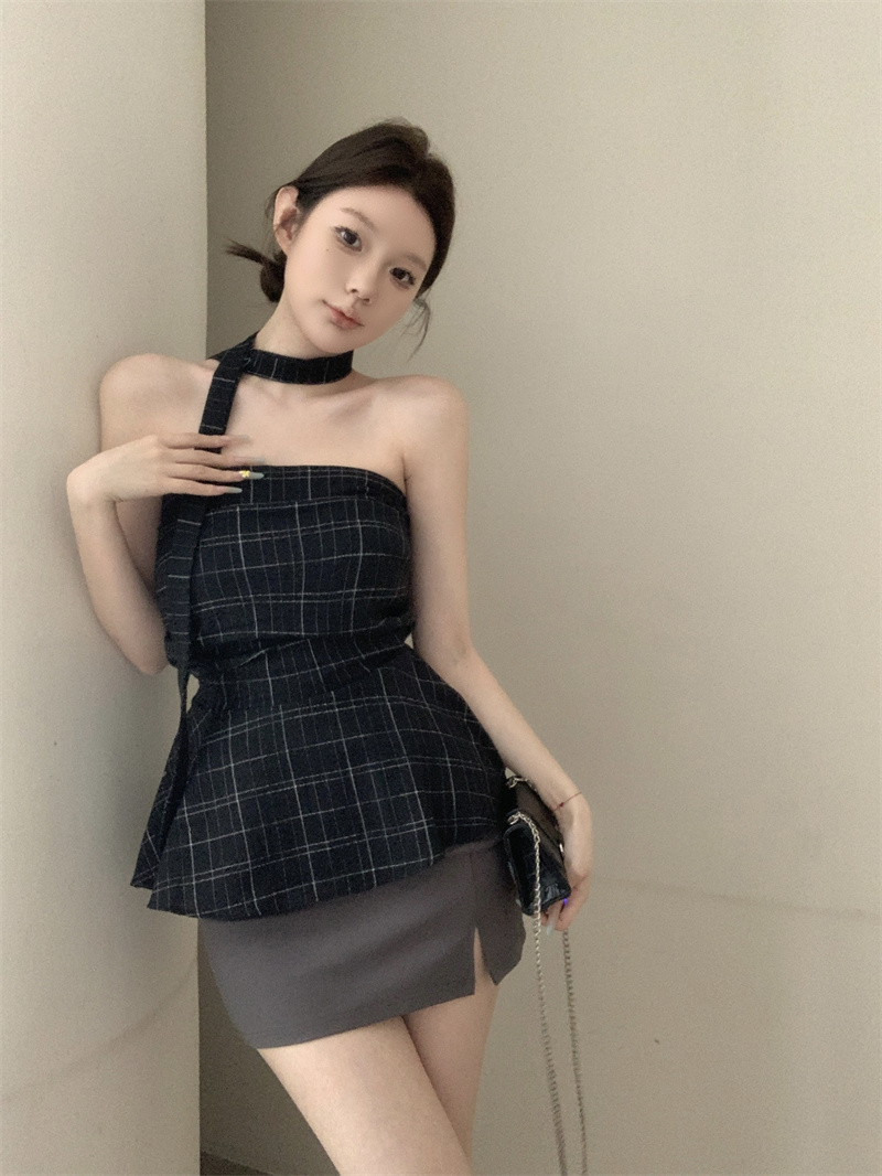 실사 정가 달콤한 핫걸 레트로 배색 체크무늬 튜브탑 조끼 여성 의류 여름 불규칙 허리 수축 민소매 맨위