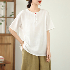 批发现货 新中式夏季佛系女装亚麻薄款短袖<b class='q'>T</b><b class='q'>恤</b><b class='q'>中国风</b>盘扣茶服