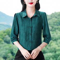 批发2026新款双绉翻领衬衫夏季新款洋气百搭宽松遮肉<b class='q'>妈妈</b>七分袖小衫女