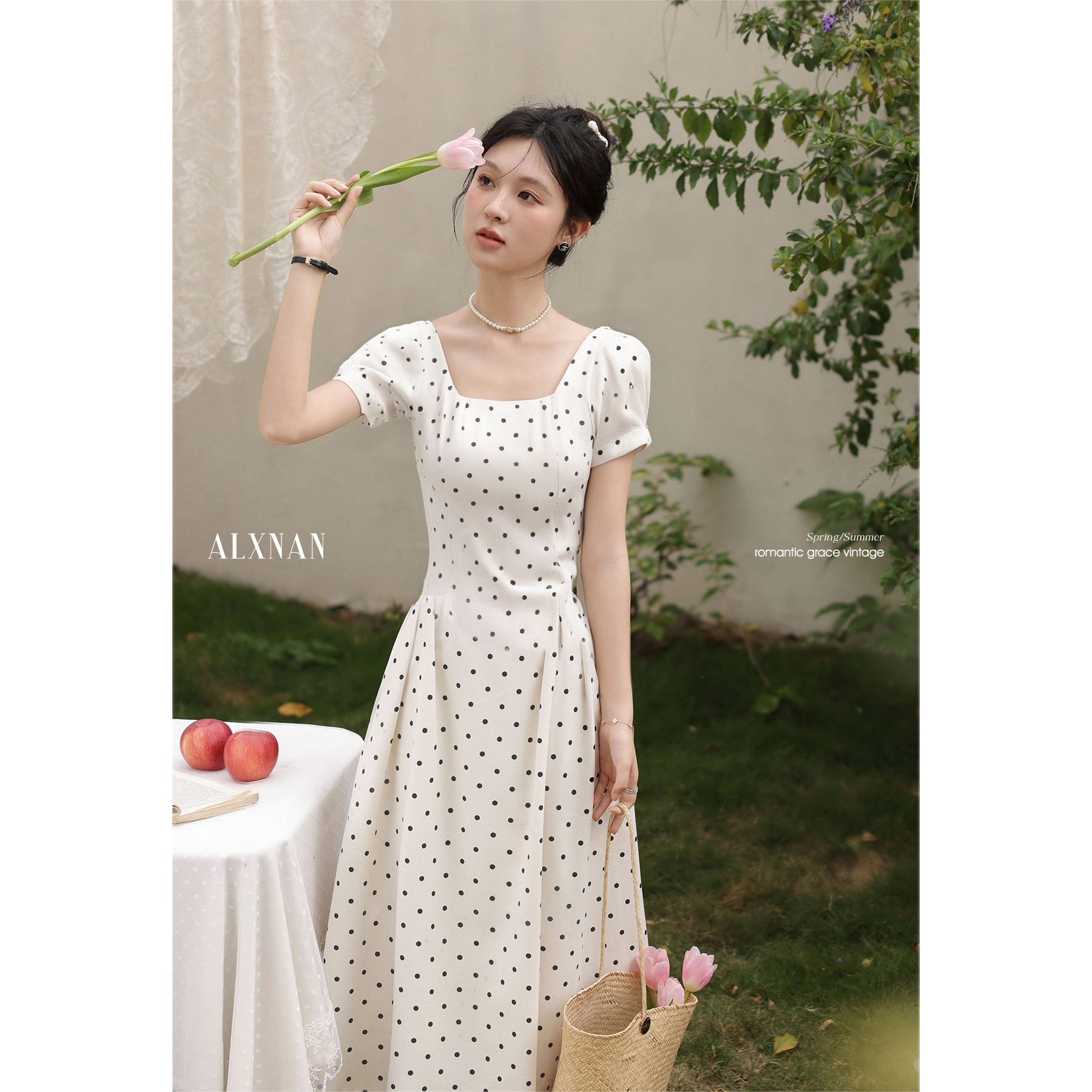 RY4884# 2026新款法式波点短袖连衣裙女夏季小个子气质方领长裙