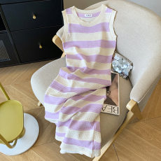 批发实拍 大货 2026<b class='q'>夏季</b>新款韩版设计感条纹圆领无袖背心裙针织裙子女