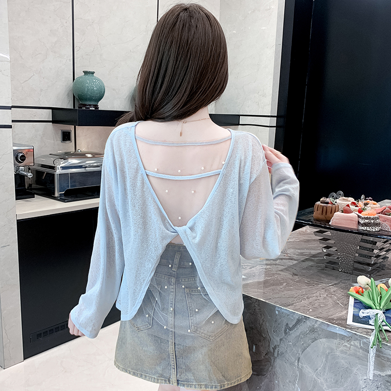 后背镂空蕾丝拼接扭结冰丝长袖t恤女夏季宽松薄款空调衫防晒上衣
