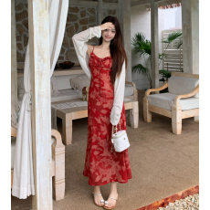 批发2026大码夏季新中式国风绯红花海法式吊带<b class='q'>连衣裙</b>女夏优雅气质长裙