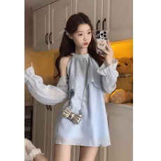 批发奶系温柔风高级感露肩连衣裙女春夏季韩系气质宽松<b class='q'>雪纺</b>裙短裤套装