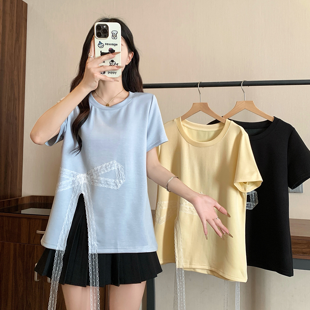 FA21213# 大码女装新款设计感开叉蕾丝飘带T恤上衣服裝批發女裝批發服飾貨源
