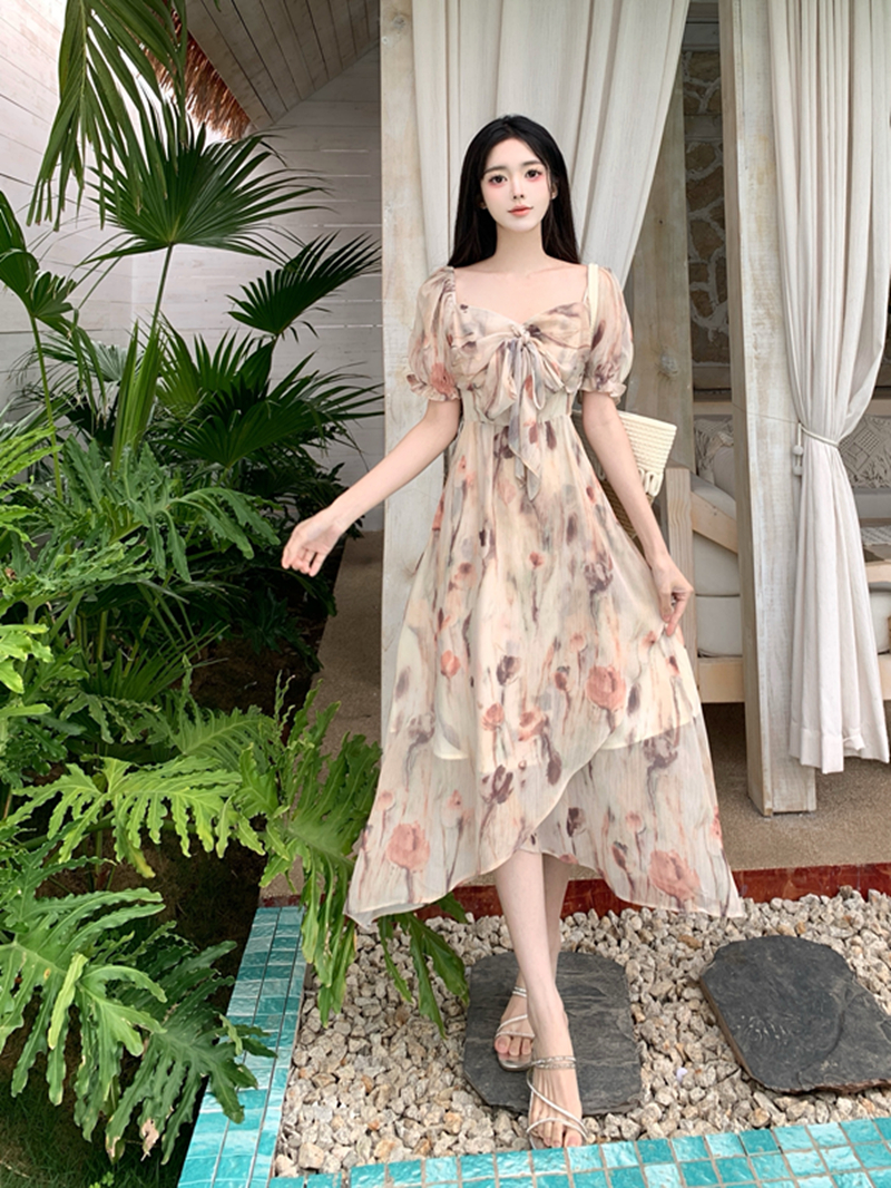 MY7876# 大码女装法式碎花连衣裙高级感夏季小个子粉色长裙抹胸裙女裝貨源服裝批發