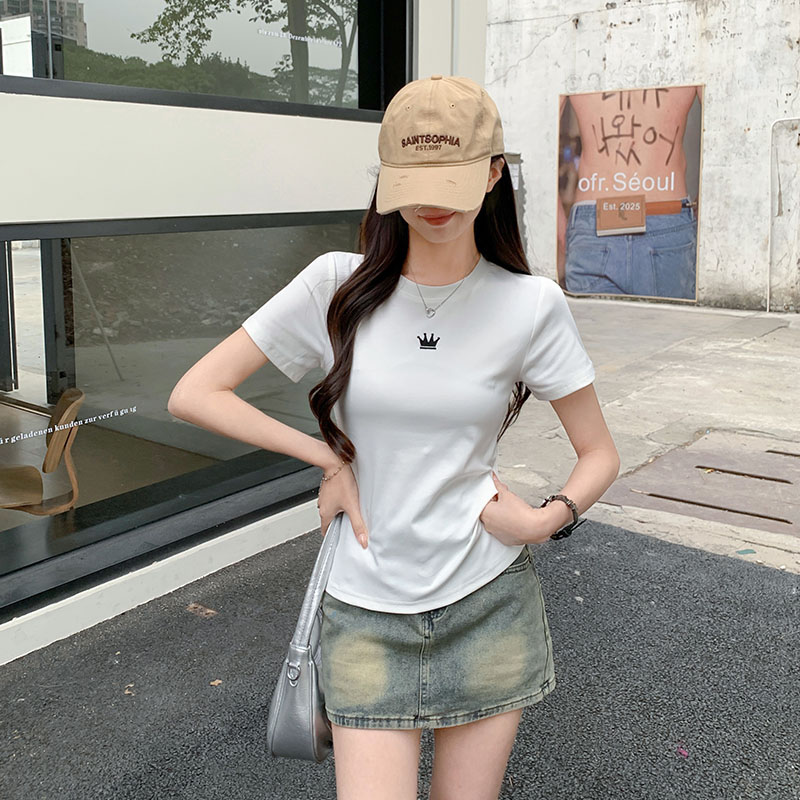 MY7129# 正肩t恤女短袖夏季新款圆领设计感刺绣修身显瘦上衣女裝貨源服裝批發