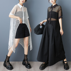 批发实拍 新款山本风小众设计感前短后长网格衬衫透视镂空连衣裙