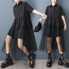 批发实拍新款宽松设计感<b class='q'>网纱</b>褶皱拼接时尚衬衫连衣裙