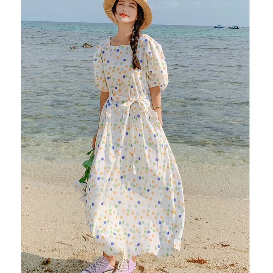 있음 선적 연령 감소 외국 가스 드레스 휴가 바람 디자인 센스 작은 대중 첫사랑 치마 프랑스식 품격 도트 무늬 롱 스커트