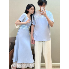 批发时尚情侣装夏季 花边女长裙（<b class='q'>西装</b>料） <b class='q'>男</b>拼色短袖
