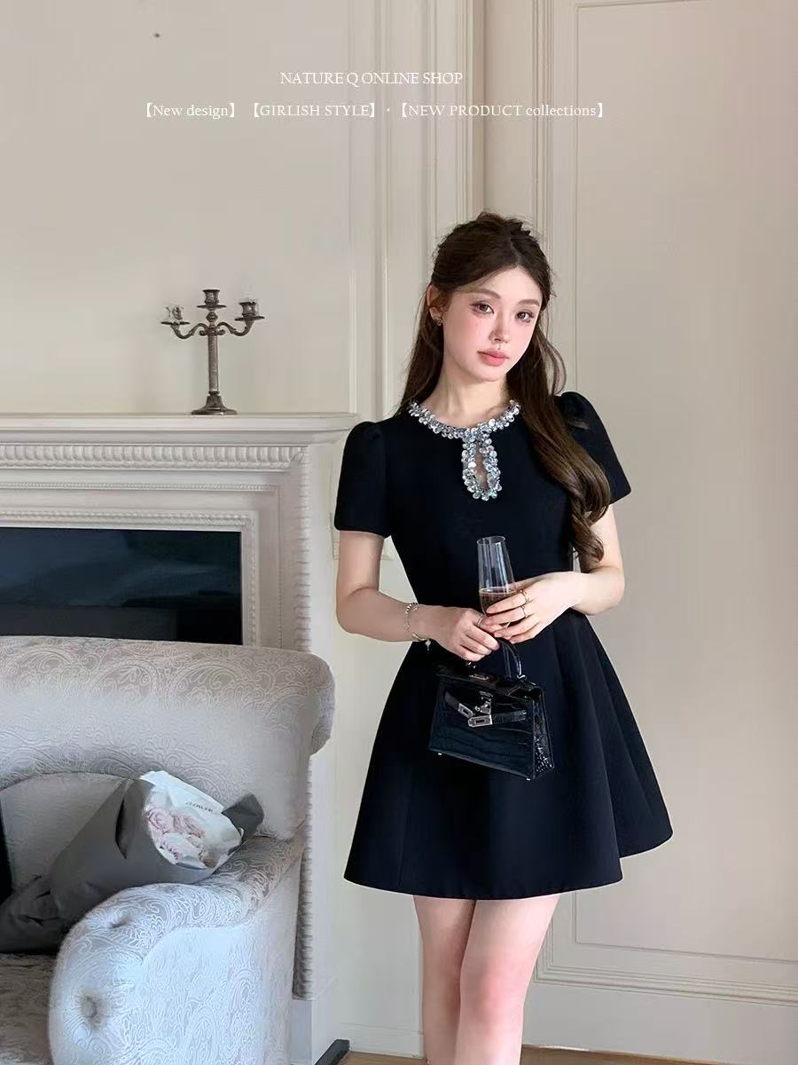 FA21296# 杨小卷千金风醋酸连衣裙女收腰手工亮片生日party礼服裙掐腰裙服裝批發女裝批發服飾貨源