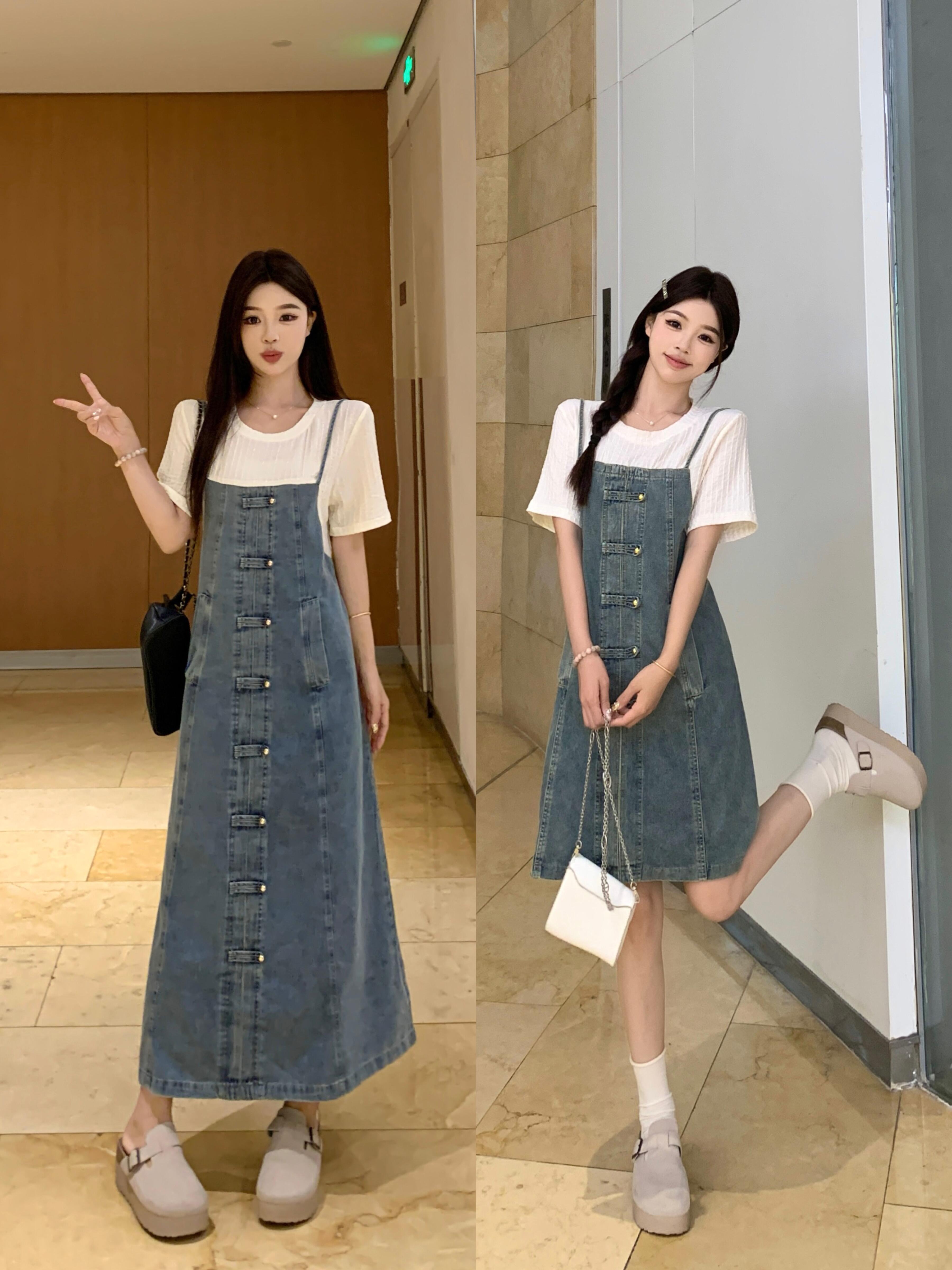 FA27543# 大码女装夏季新款牛仔撞色拼接假两件连衣裙 服裝批發女裝批發服飾貨源