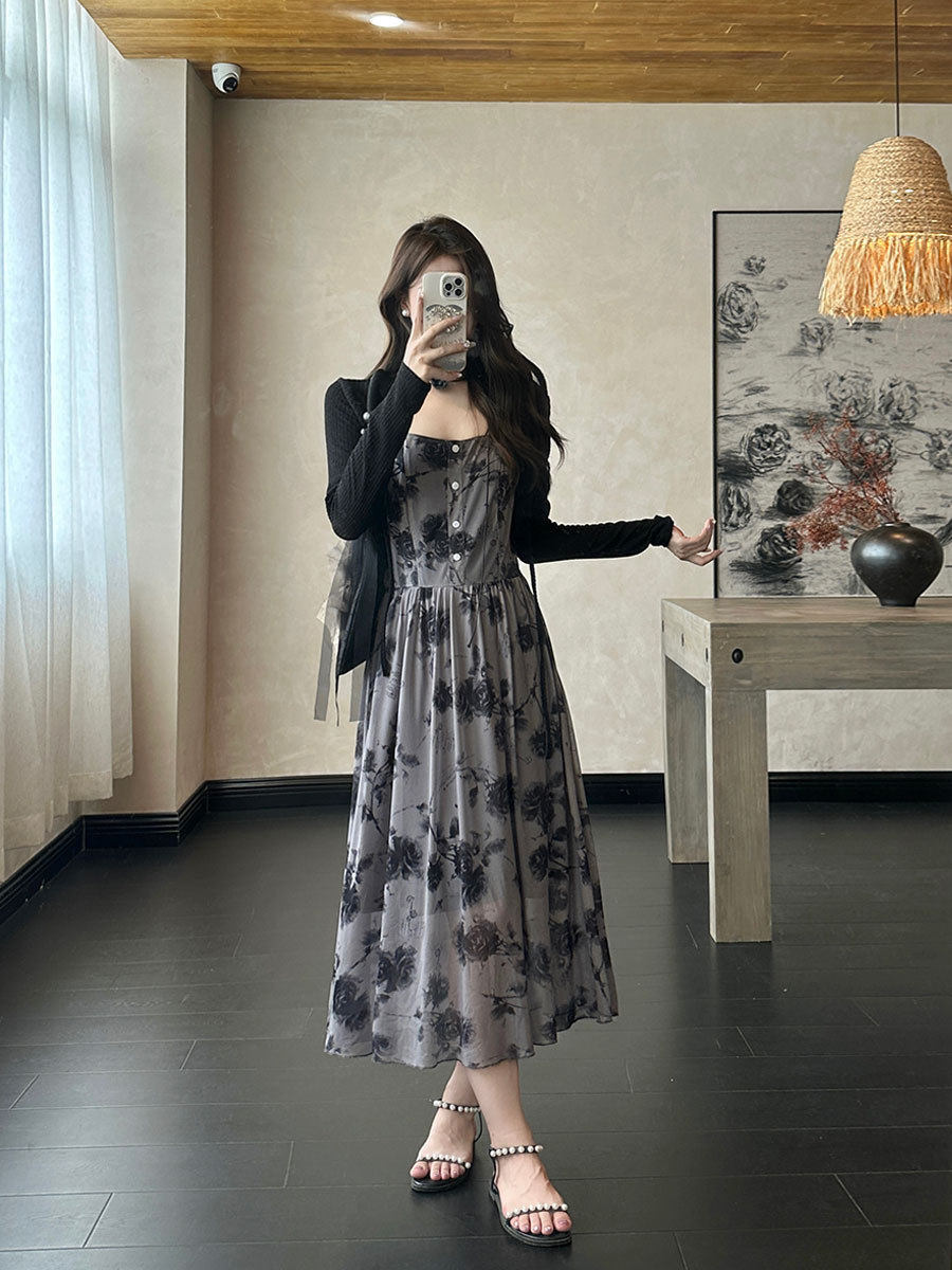 실사 빅 사이즈 여성 의류 여름 새로운 수묵화 헤일로 염색 프린트 슬립 드레스 오픈 가디건 산소 슬림해 보이는 품격 착용 가져 가라.