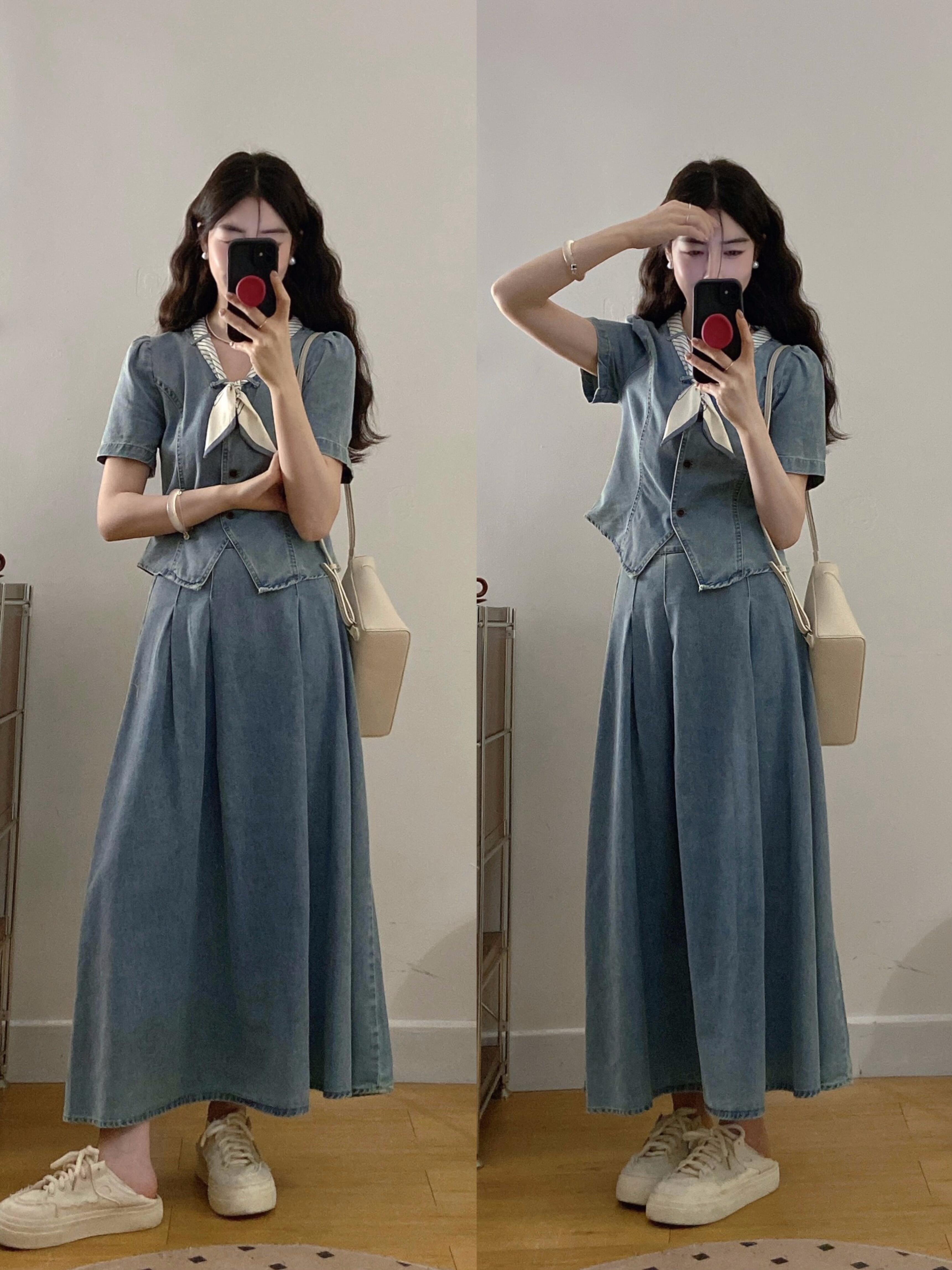 FA27544# 大码怀旧恋歌裙子套装夏季新款时尚感v领牛仔两件套裙女 服裝批發女裝批發服飾貨源