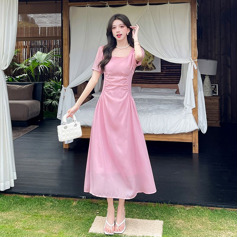 FA21288# 视频夏季新款时尚网红名媛气质方领收腰长裙女神连衣裙服裝批發女裝批發服飾貨源