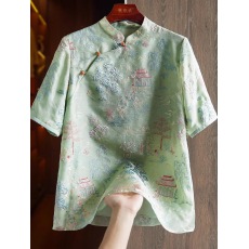 批发绿色重工国潮风刺绣真丝新中式上衣女夏季复古斜襟盘扣桑蚕丝衬衫