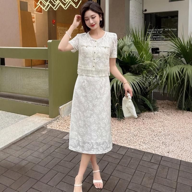 MY14376# 流苏假两件蕾丝连衣裙女中长款夏新款收腰显瘦气质女人味裙子...