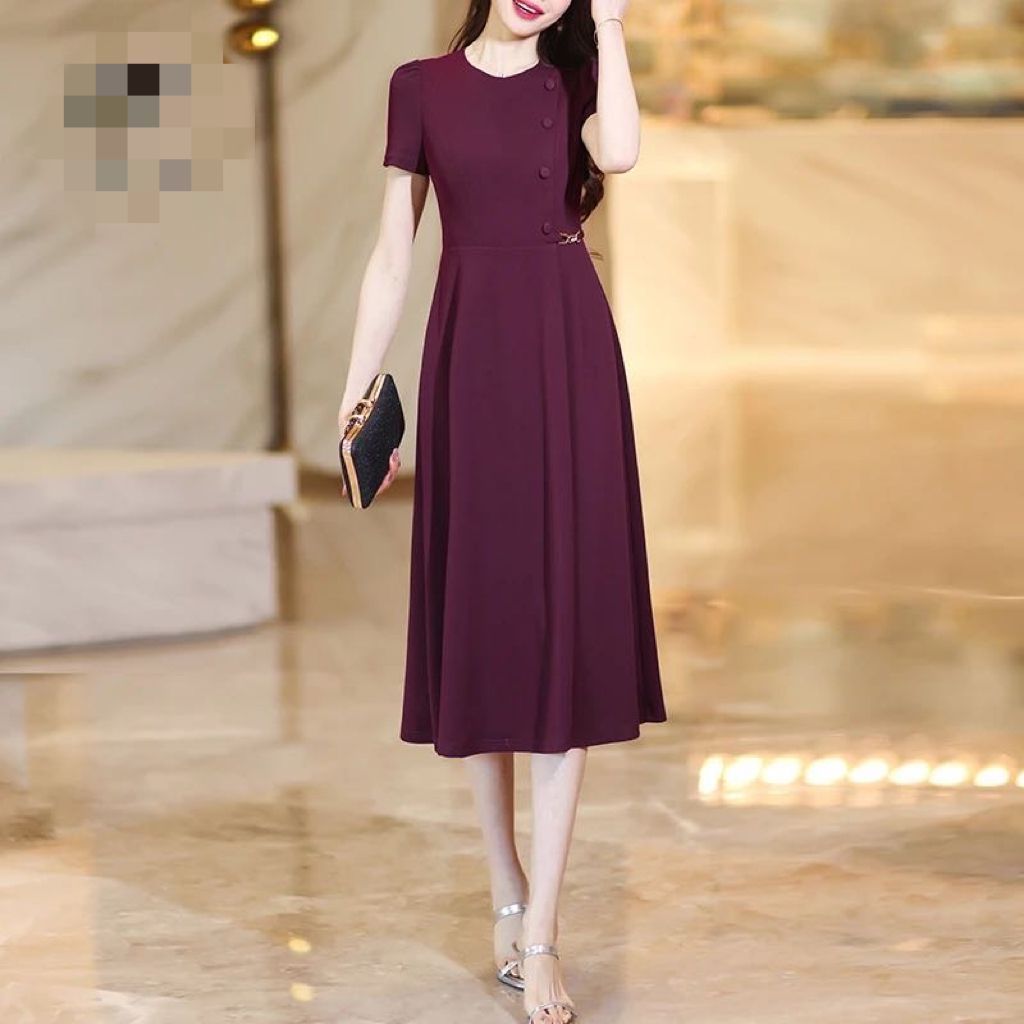 MY14373# 酒红色连衣裙夏季女新款短袖气质收腰显瘦减龄长连衣裙女裝貨...