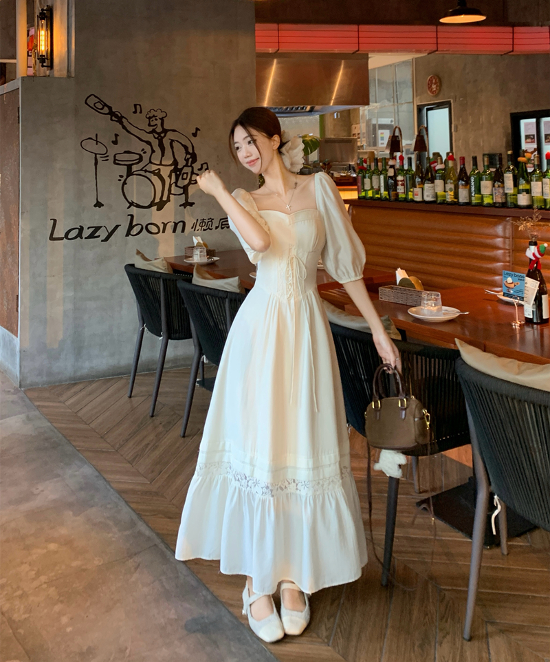 FA21261# 重工鱼骨法式仙女感蕾丝镂空连衣裙夏季绑带收腰显瘦设计感长裙子服裝批發女裝批發服飾貨源
