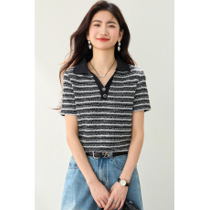 ◆◆条纹短袖T恤女2026夏款休闲简约V领百搭时尚polo上衣