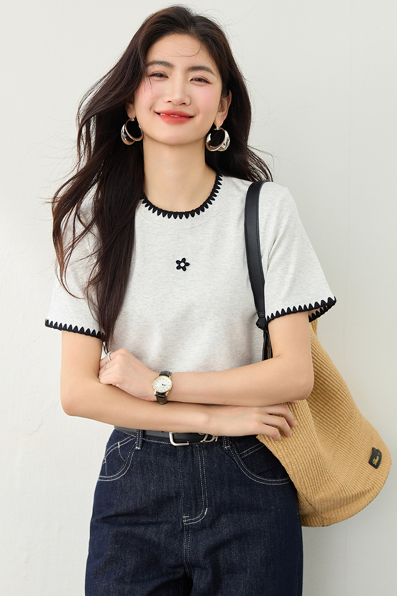 새로운 한 부서 라운드 넥 긍정적 인 어깨 자수 반팔 티셔츠 몸매 가꾸기 슬림해 보이는 미니멀리즘 쇼트 스타일 맨위 트렌디 ins