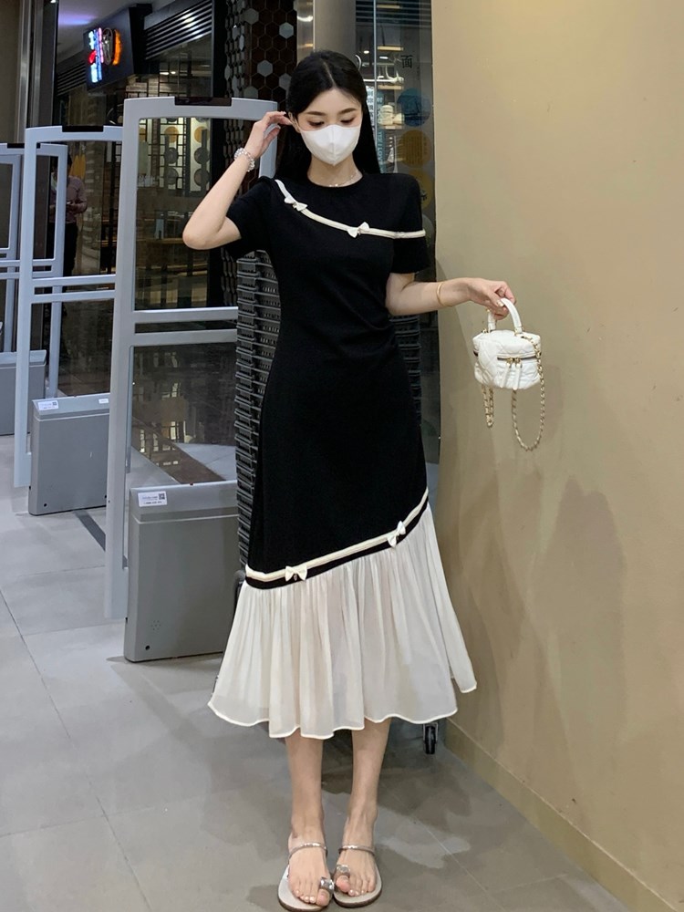 FA27503# 夏季新款胖mm简约拼接撞色遮肉显瘦设计感中长款连衣裙子 服裝批發女裝批發服飾貨源