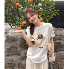 批发21支纯棉210克100%棉 时尚超火新款陆小团团卡通猫咪短袖T恤女