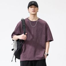 批发竹节棉夏季圆领短袖T恤男纯色宽松五分袖<b class='q'>日系</b><b class='q'>复古</b>潮牌体恤衫