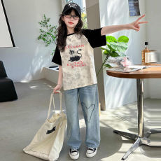 批发纯棉女童扎染短袖T恤2025新款<b class='q'>儿童</b><b class='q'>打底衫</b>春夏季插肩袖中大童上衣