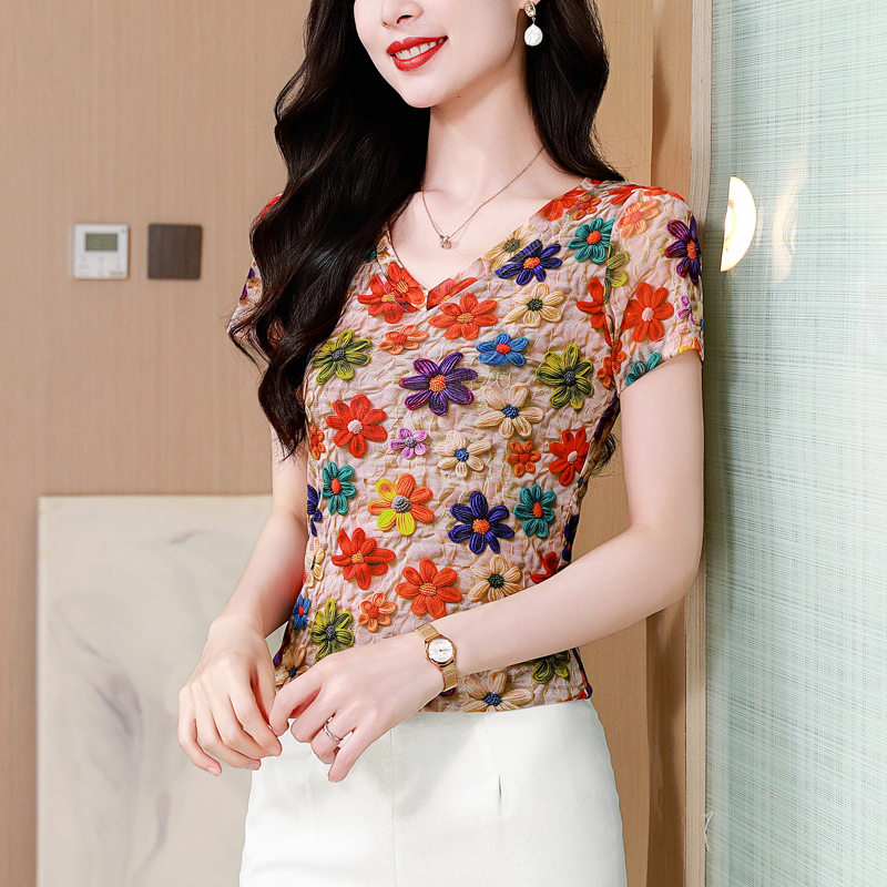 MY6937# 夏季时尚纱网印花短袖V领修身显瘦洋气上衣潮女裝貨源服裝批發