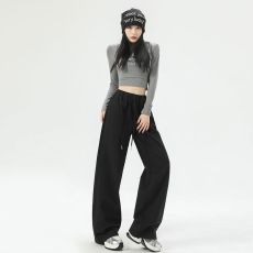 批发黑色直筒休闲<b class='q'>裤</b>女夏季新款胖mm<b class='q'>大</b>码显瘦垂感拖地宽松阔腿运动卫<b class='q'>裤</b>