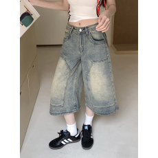 批发美式高街水洗做旧七分<b class='q'>牛仔</b><b class='q'>短裤</b>女宽松直筒阔腿中裤