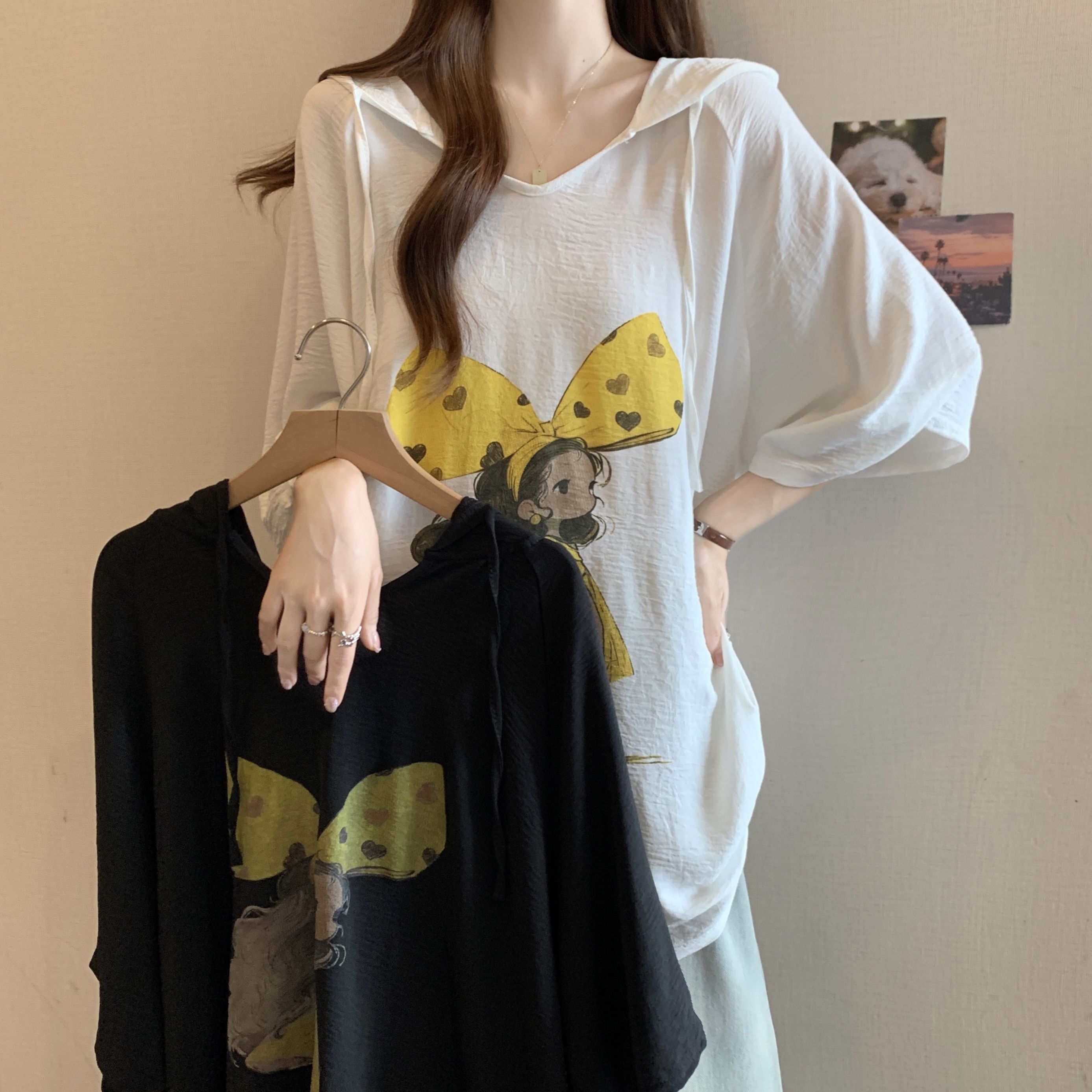 MY7002# 大码夏季新款连帽套头卫衣宽松大版美女图显瘦T恤上衣女女裝貨...
