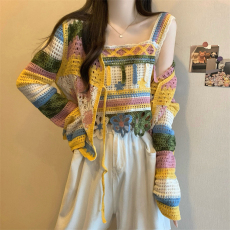 批发实拍实价 新版韩风设计感小香风镂空防晒开衫+内搭背心<b class='q'>套装</b>