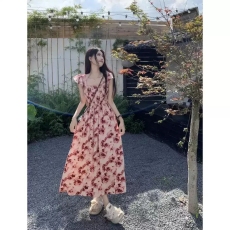 批发夏季新款法式玫瑰<b class='q'>印花</b>小飞袖<b class='q'>连衣裙</b>女收腰显瘦中长款a字裙子