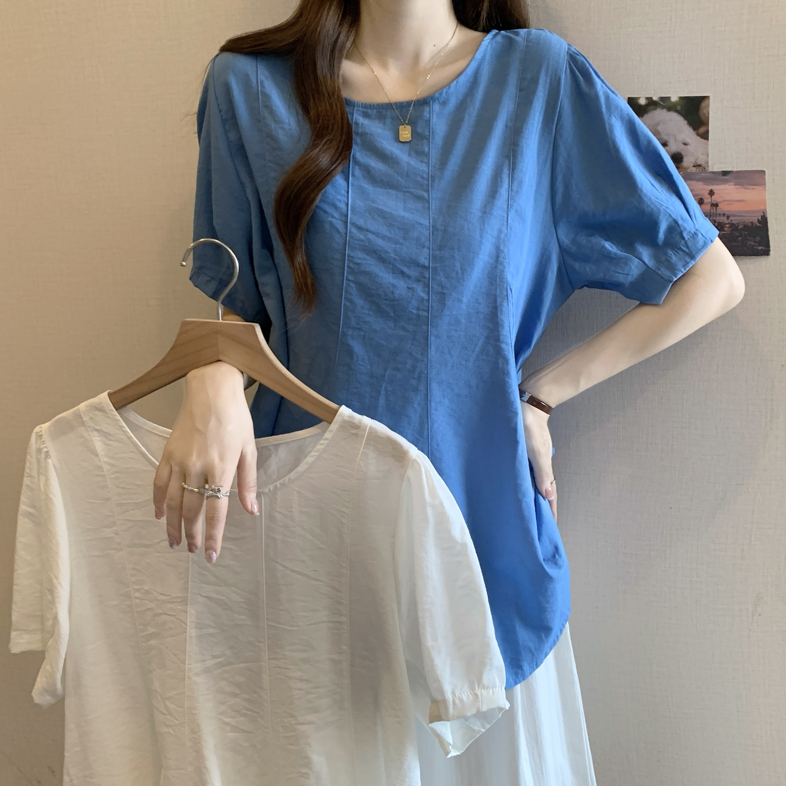 MY7005# 大码气质减龄正肩圆领纯色娃娃衫女夏季胖MM巨显瘦短袖衬衫上...