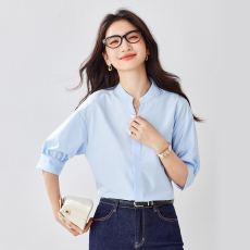 批发面试穿搭 蓝色<b class='q'>职业</b>衬衫女生休闲内搭长短袖上衣修身通勤衬衣