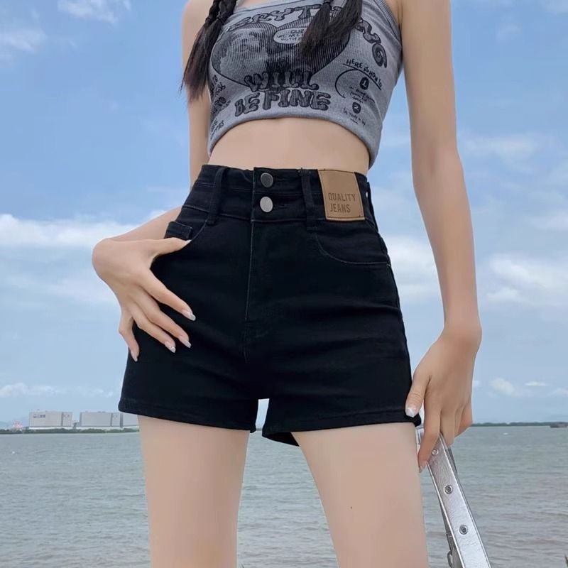MY7004# 引领潮流黑色牛仔短裤女夏季小个子高腰弹力显瘦辣妹紧身a字热裤女裝貨源服裝批發