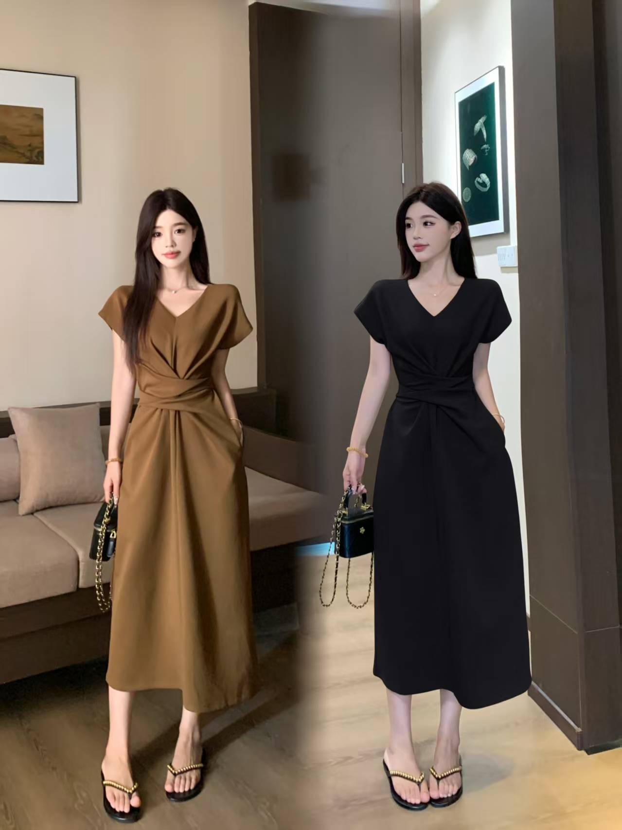 FA35482# 大码法式V领设计感收腰显瘦连衣裙女夏新款轻奢高级感A字长裙 服裝批發女裝批發服飾貨源