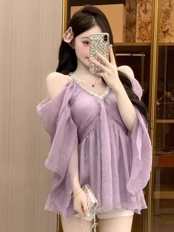 MY7847# 法式气质名媛轻熟风性感露肩长袖衬衫女 夏季新款超仙防晒上衣女裝貨源服裝批發