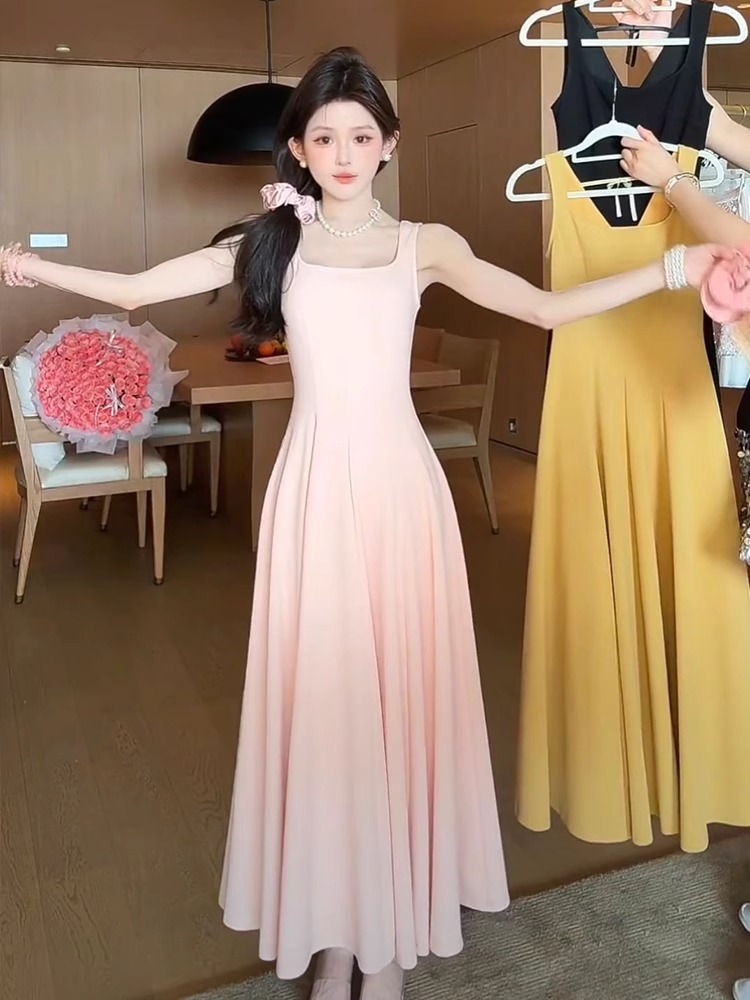 MY7846# 性感纯欲方领露背吊带连衣裙女夏季新款修身显瘦高级感气质A字裙女裝貨源服裝批發