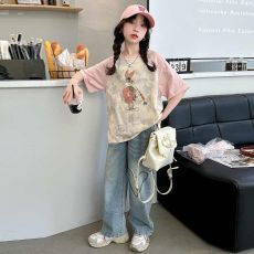 批发纯棉女童扎染短袖T恤2025新款<b class='q'>儿童</b><b class='q'>打底衫</b>春夏季插肩袖中大童上衣