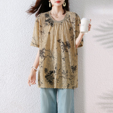 批发<b class='q'>实拍</b> 夏季新款印花短袖欧版<b class='q'>大码</b>衬衫遮肉显瘦<b class='q'>女装</b>百搭通勤上衣女