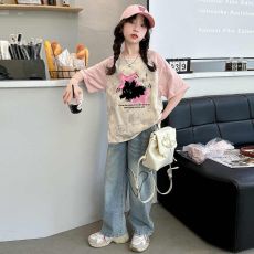 批发纯棉女童扎染短袖T恤2025新款<b class='q'>儿童</b><b class='q'>打底衫</b>春夏季插肩袖中大童上衣
