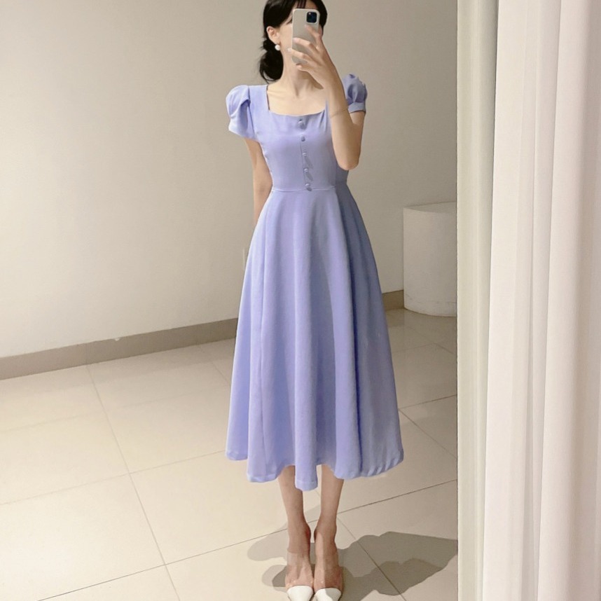 FA27857# 韩国chic气质方领泡泡袖绑带收腰显瘦连衣裙 服裝批發女裝批發服飾貨源