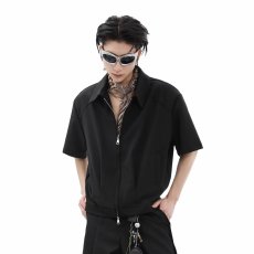 批发美式cleanfit短款双拉链短袖衬衫<b class='q'>男</b>夏季高街休闲翻领黑色<b class='q'>西装</b>衬衣