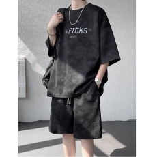批发复古扎染脏脏短袖<b class='q'>套装</b>男ins夏季加大码潮牌宽松青少年T恤短裤一套