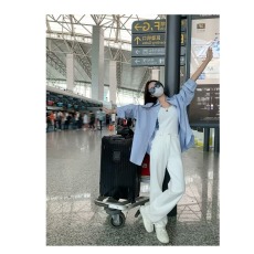 批发无<b class='q'>品牌</b>气质日系ins新款流行慵懒蓝色衬衫女夏大码男友风长袖上衣